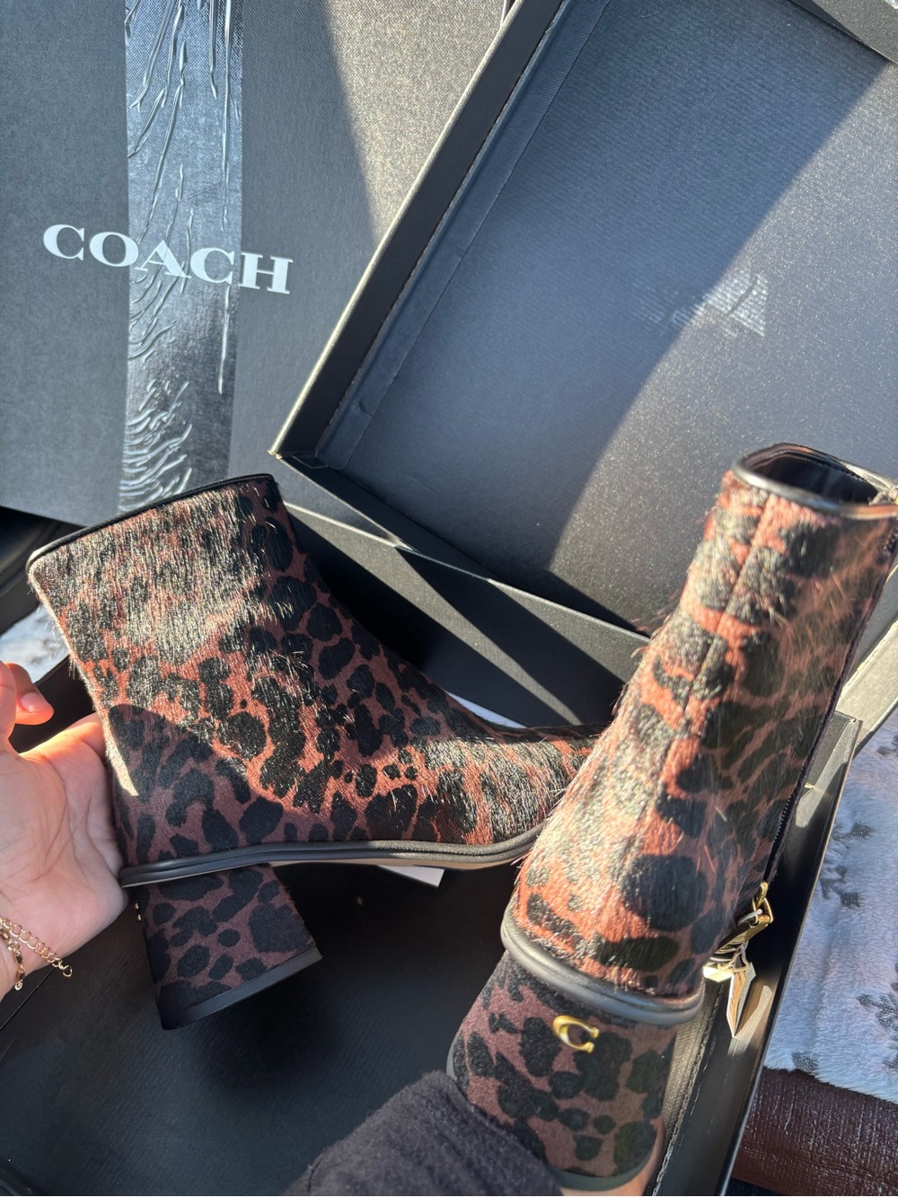 Coach Leopard Print Pony Hair Ankle Boots in Brown and Black